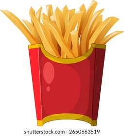 Bright, colorful vector illustration of golden fries in a red container. Clean lines and vibrant colors enhance the appetizing appeal