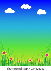 Bright, colorful vector illustration of green grass & yellow and pink flowers, & a blue gradient sky with fluffy white clouds. This is a vertical image with space in the center for copy text. EPS 10.