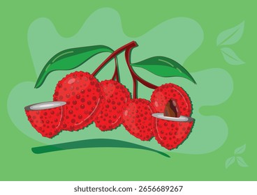 Bright and colorful vector illustration of lychee fruits with green leaves on a vibrant green abstract background. Includes whole and halved lychees with realistic texture and glossy surface.