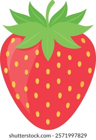 Bright and colorful vector illustration of a ripe strawberry with vibrant red skin, yellow seeds, and fresh green leaves, designed in a cartoon style