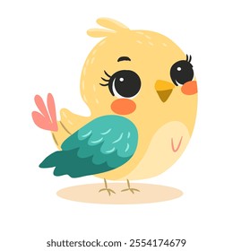 Bright and colorful vector illustration of spring birds, isolated. The bird is small, with soft feathers in pastel shades of pink, yellow and light blue, symbolizing the arrival of spring.