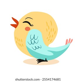 Bright and colorful vector illustration of spring birds, isolated. The bird is small, with soft feathers in pastel shades of pink, yellow and light blue, symbolizing the arrival of spring.