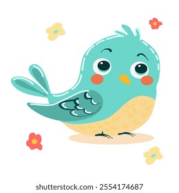 Bright and colorful vector illustration of spring birds, isolated. The bird is small, with soft feathers in pastel shades of pink, yellow and light blue, symbolizing the arrival of spring.