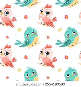 Bright and colorful vector illustration of spring birds, isolated. For Easter packaging design, fabric, postcard design. The bird is small, with soft feathers of pastel shades, symbolizing the arrival