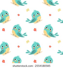 Bright and colorful vector illustration of spring birds, isolated. For Easter packaging design, fabric, postcard design. The bird is small, with soft feathers of pastel shades, symbolizing the arrival