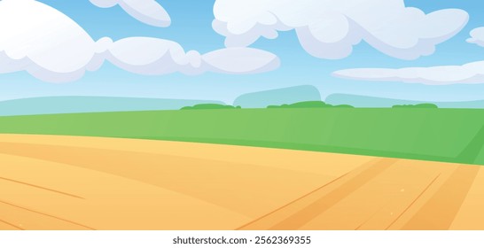 Bright colorful vector illustration, summer countryside landscape with green hills, golden fields, clear blue sky with clouds. Ideal for backgrounds, web design, posters, children books