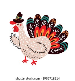 Bright colorful vector illustration of traditional Thanksgiving symbol of cute funny turkey in hat isolated on white background