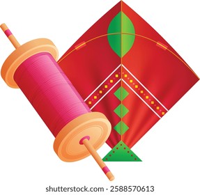 Bright and colorful vector illustration of a traditional red and green Indian kite with a spool of thread. Perfect for Makar Sankranti, kite festivals, and cultural celebration designs