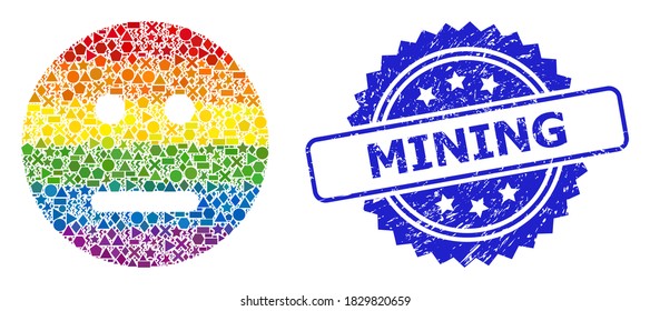 Bright colorful vector neutral smiley mosaic for LGBT, and Mining grunge rosette stamp seal. Blue stamp seal has Mining title inside rosette.
