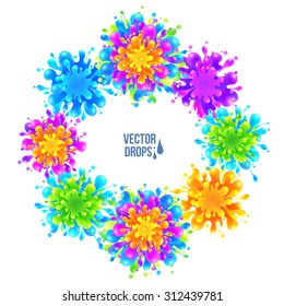 Bright colorful vector paint splashes round frame