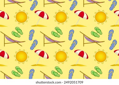 Bright and colorful vector pattern featuring beach elements like flip-flops, umbrellas, and suns. Perfect for summer-themed designs.