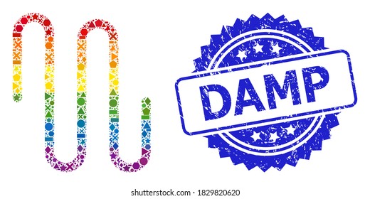 Bright colorful vector pipe mosaic for LGBT, and Damp rubber rosette stamp. Blue stamp has Damp tag inside rosette. Geometric scattered dots are united into abstract mosaic pipe icon.