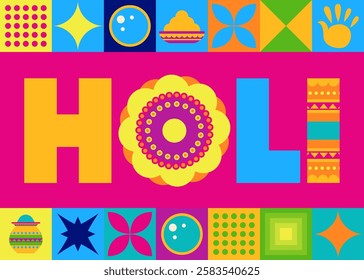 A bright and colorful vector poster celebrating the Holi festival with traditional Indian motifs, isolated on white background. Ideal for event promotion and festive designs.