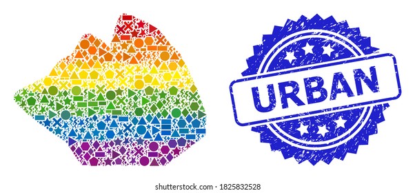 Collage de piedra vectorial de color brillante para LGBT, e impresión de sellos rosetas sucios urbanos. El sello azul contiene la etiqueta urbana dentro de la roseta.