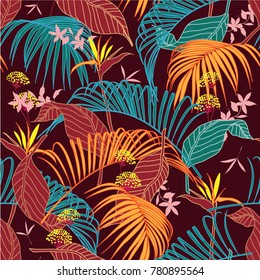 Bright and colorful vector seamless beautiful artistic tropical pattern with exotic forest. Colorful original stylish floral background print, bright rainbow colors on maroon color.