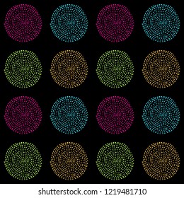 bright and colorful vector seamless pattern of hand drawn circles on a black background