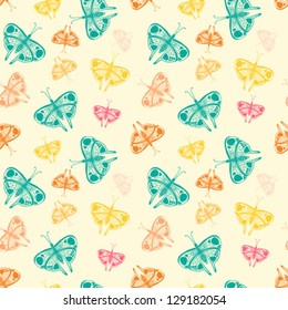 bright and colorful vector seamless pattern with white butterflies of random size and color on yellow background. Concept of garden, spring, fashion, happiness, joy, love