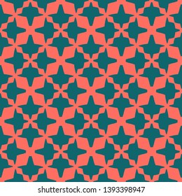 Bright colorful vector seamless pattern. Stylish abstract texture with floral shapes, diamonds, grid, net, mesh. Background in trendy colors, living coral and dark green. Simple modern repeat design