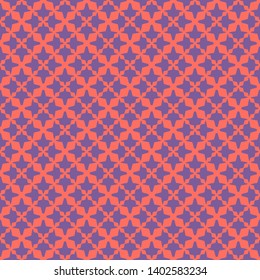 Bright colorful vector seamless pattern. Stylish abstract texture with small floral shapes, diamonds, grid, net, mesh. Background in trendy colors, living coral and purple. Simple modern repeat design
