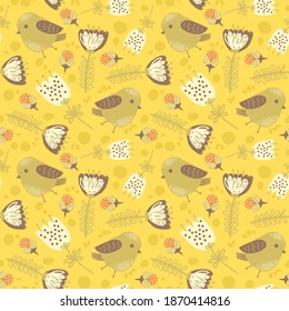 Bright colorful Vector Seamless pattern with birds, flowers and doodles