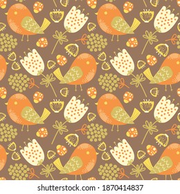 Bright colorful Vector Seamless pattern with birds, flowers and ladybugs