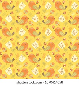 Bright colorful Vector Seamless pattern with birds, flowers and doodles