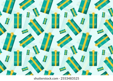 Bright and colorful vector seamless pattern with repeating gift boxes. Various sizes, stylish ornaments and festive colors make this pattern ideal for wrapping paper, cards and decor.