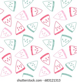 Bright colorful vector seamless pattern with sliced watermelons. Hand drawn illustration in retro color style. Vintage colors and shapes. Pink and light turquoise on white background.