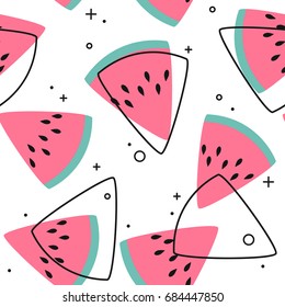 Bright colorful vector seamless pattern with sliced watermelons. Vivid illustration in retro color style. Vintage colors and shapes. Pink on white background.