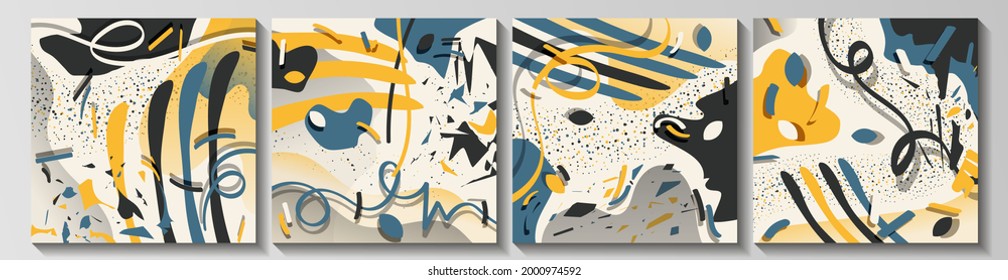 bright colorful vector set of four abstract images. overlapping art shapes, curved stripes, segments, polygons. vector 