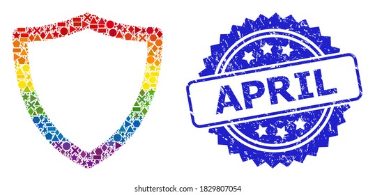 Collage de vectores de colores vivos para LGBT y sello de rosette texturizado en abril. El sello azul incluye la leyenda de abril dentro de la roseta.