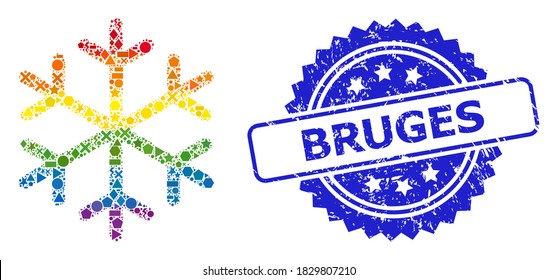 Bright colorful vector snowflake collage for LGBT, and Bruges corroded rosette stamp. Blue stamp includes Bruges tag inside rosette.