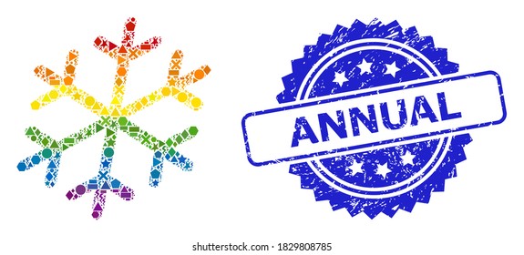 Bright colorful vector snowflake mosaic for LGBT, and Annual unclean rosette stamp. Blue stamp includes Annual text inside rosette.