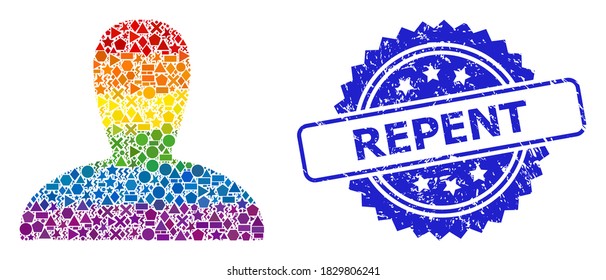 Bright colorful vector spawn persona collage for LGBT, and Repent scratched rosette seal print. Blue seal contains Repent caption inside rosette.