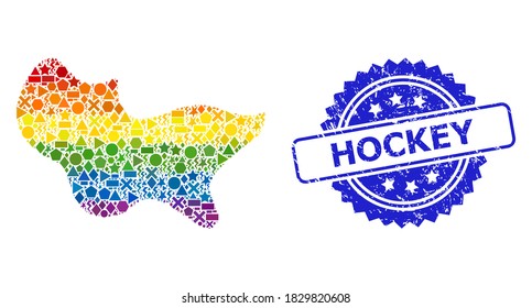 Bright colorful vector spot collage for LGBT, and Hockey rubber rosette stamp seal. Blue stamp includes Hockey tag inside rosette.