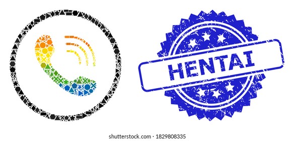 Bright colorful vector telephone call collage for LGBT, and Hentai scratched rosette stamp seal. Blue stamp seal has Hentai text inside rosette.