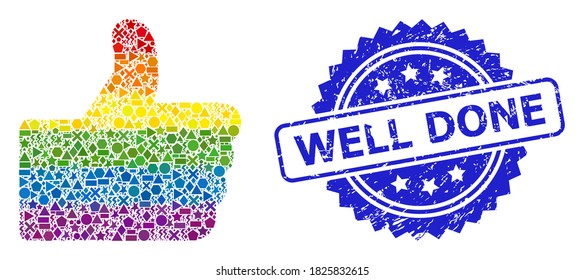 Bright colorful vector thumb up mosaic for LGBT, and Well Done unclean rosette stamp seal. Blue seal has Well Done text inside rosette.