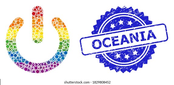 Vector colorido brillante apagando el mosaico para LGBT, y Oceania impresión de sello de rosette sucio. El sello azul contiene la leyenda de Oceanía dentro de la roseta.
