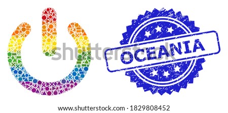 Bright colorful vector turn off mosaic for LGBT, and Oceania dirty rosette seal print. Blue stamp seal contains Oceania caption inside rosette.