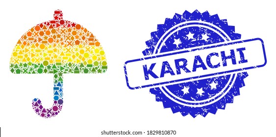 Bright colorful vector umbrella mosaic for LGBT, and Karachi corroded rosette seal print. Blue stamp seal has Karachi caption inside rosette.