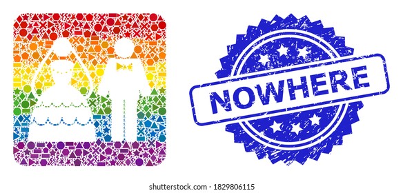 Brillante mosaico de parejas de bodas vectoriales para LGBT, y sello de marca de rosette en ningún lugar impuro. El sello azul contiene texto en ninguna parte dentro de la roseta.