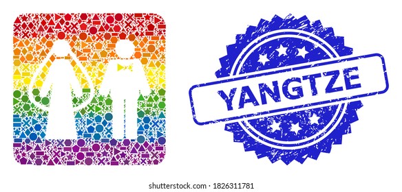 Helle, farbige Vektor-Weds-Personen sammeln für LGBT und Yangtze Grunge Rosette Stempel-Siegel. Die blaue Stempeldichtung enthält Yangtze-Titel in Rosette.