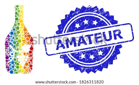 Bright colorful vector wine bottle collage for LGBT, and Amateur corroded rosette seal imitation. Blue stamp seal includes Amateur tag inside rosette.