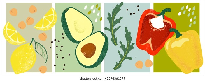 Bright and Colorful vegetable illustration - fresh salad, lemon, chickpeas, avocado, arugola, bell peppers