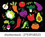 Bright colorful vegetable sticker collection in modern flat style. Vector set with simple geometric shapes including carrot, tomato, broccoli, eggplant, pepper, cabbage, garlic, avocado, pumpkin and other fresh ingredients. Perfect for kids design, food packaging, planners, social media graphics, posters, prints and creative projects.