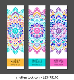 Bright colorful vertical banner design temlpate set with tribal mandala ornament. Ethnic background collection. EPS 10 vector website header concept illustration. Clipping masks.