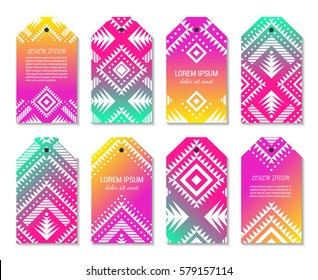 Bright colorful vertical gradient tag design temlpate set with tribal aztec style ornament. Ethnic label collection. EPS 10 vector concept illustration. Clipping masks.