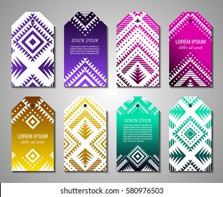 Bright colorful vertical gradient tag design temlpate set with tribal aztec style ornament. Ethnic label collection. EPS 10 vector concept illustration. Clipping masks.