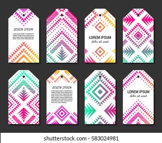 Bright colorful vertical gradient tag design temlpate set with tribal aztec style ornament. Ethnic label collection. EPS 10 vector concept illustration. Clipping masks.