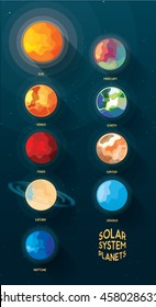 Bright colorful vibrant solar system planets in modern abstract style isolated on universe background filled with stars